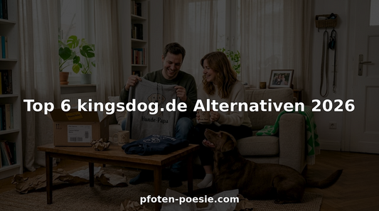 Ein Paar sitzt mit seinem Hund gemütlich im Wohnzimmer und packt individuelle Geschenke für ihren Vierbeiner aus.
