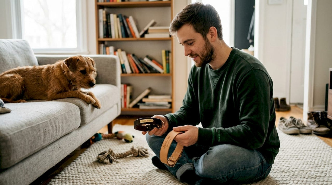 Ein Mann testet individuell gestaltete Hundehalsbänder in seinem eigenen Zuhause.
