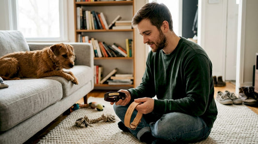Ein Mann testet individuell gestaltete Hundehalsbänder in seinem eigenen Zuhause.
