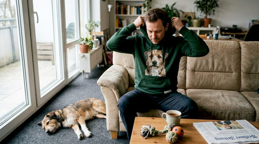 Ein Hundebesitzer schlüpft in seinen individuell gestalteten Hoodie.