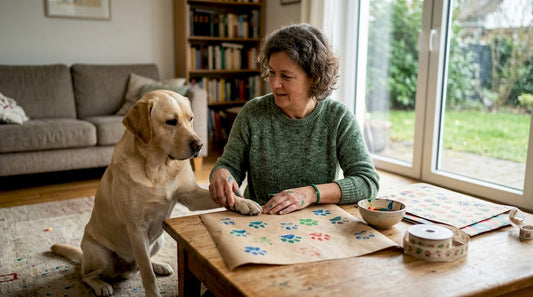 Eine Frau bastelt gemeinsam mit ihrem Hund auf dem Teppich Geschenkpapier.