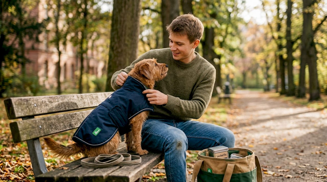 Im Park zieht ein Mensch seinem Hund einen Mantel an.
