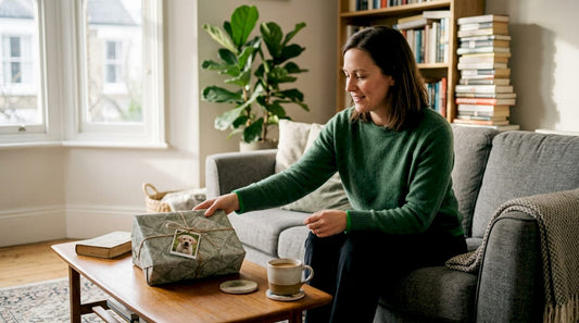 Eine Frau hält ein Geschenk hoch, an dem ein Anhänger mit einem Hundefoto befestigt ist.