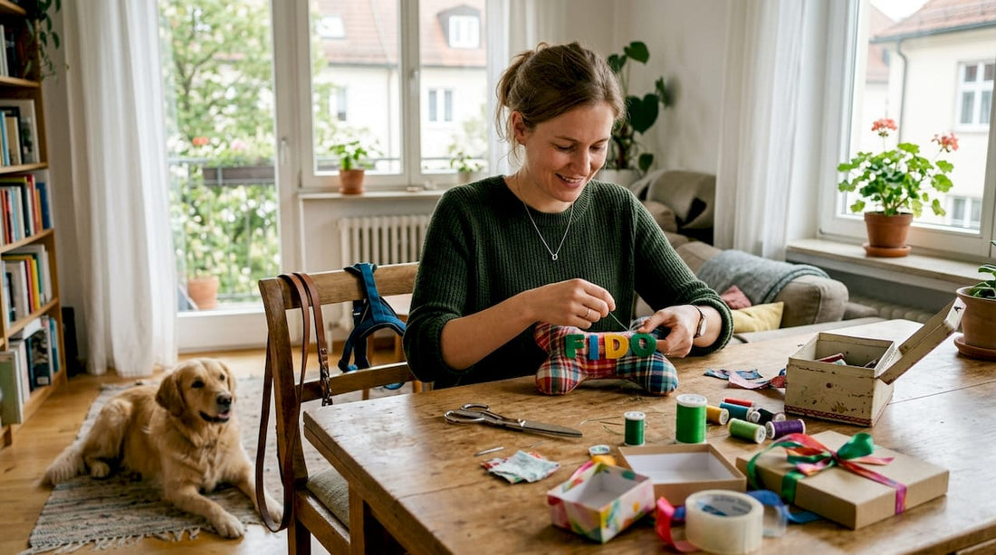 Hunde-Mama bastelt mit viel Liebe ein selbstgemachtes Geschenk zu Hause