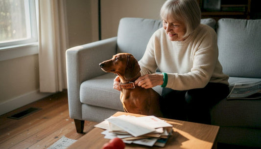 Eine Frau legt ihrem Dackel ein individuell gestaltetes Halsband an.