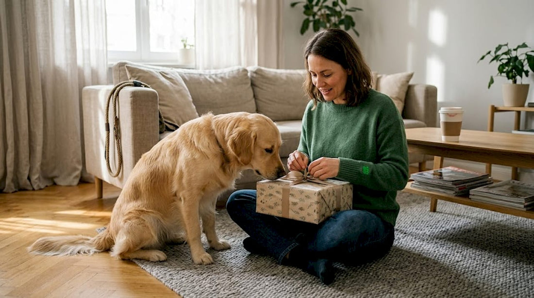 Ein Hundebesitzer packt ein Geschenk aus, während sein neugieriger Retriever gespannt zuschaut.