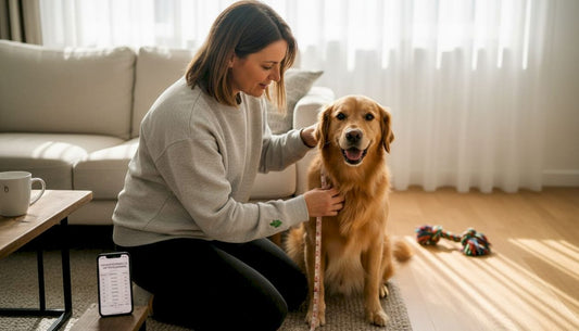 Eine Frau nimmt Maß an ihrem Hund, um die passende Größe für ein Hundeshirt zu finden.