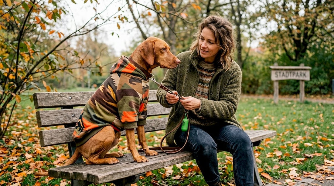 Hund und Herrchen im angesagten Partnerlook – gemeinsam stylisch unterwegs.