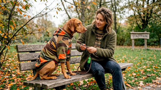Hund und Herrchen im angesagten Partnerlook – gemeinsam stylisch unterwegs.