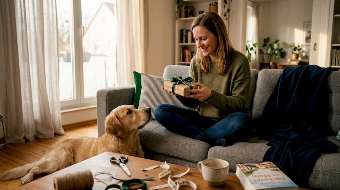Mit einem strahlenden Lächeln bereitet eine Hundebesitzerin ein ganz besonderes Geschenk vor.
