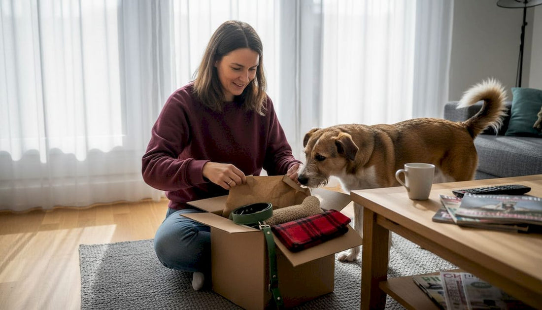 Eine Frau öffnet zusammen mit ihrem Hund ein Geschenkset.