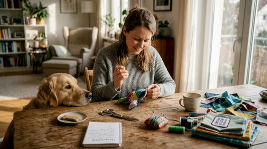 Während sie ein Geschenk für ihren Hund näht, sitzt der Vierbeiner neugierig daneben und beobachtet jeden Handgriff.