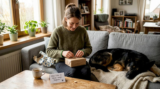 Im Wohnzimmer erlebt eine Frau einen bewegenden Moment, als sie ein Geschenk für ihren Hund auspackt.