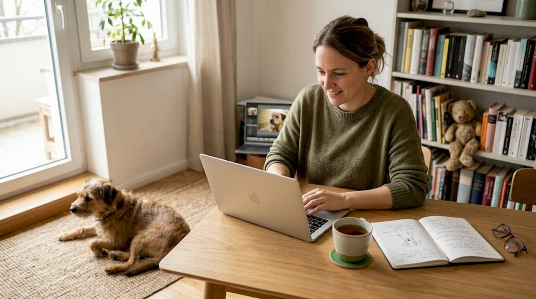 Im Wohnzimmer sitzt eine Frau am Laptop und bearbeitet ein Foto ihres Hundes.