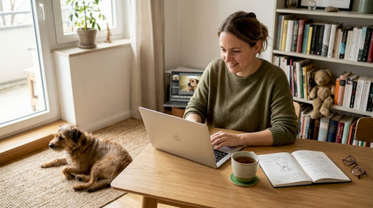 Im Wohnzimmer sitzt eine Frau am Laptop und bearbeitet ein Foto ihres Hundes.
