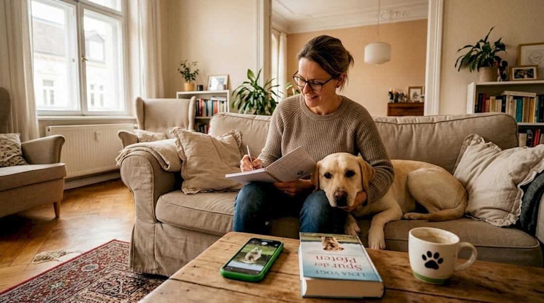 Eine Frau notiert im Wohnzimmer einen Spruch über ihren Hund, während ihr Vierbeiner neben ihr liegt.