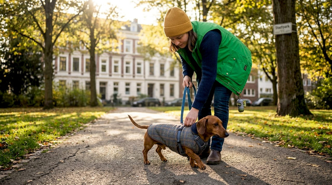 Ein Hund flaniert stilvoll gekleidet durch den Stadtpark.