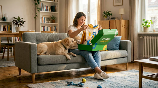 Hundehalterin packt ein personalisiertes Geschenk gemeinsam mit ihrem Vierbeiner aus