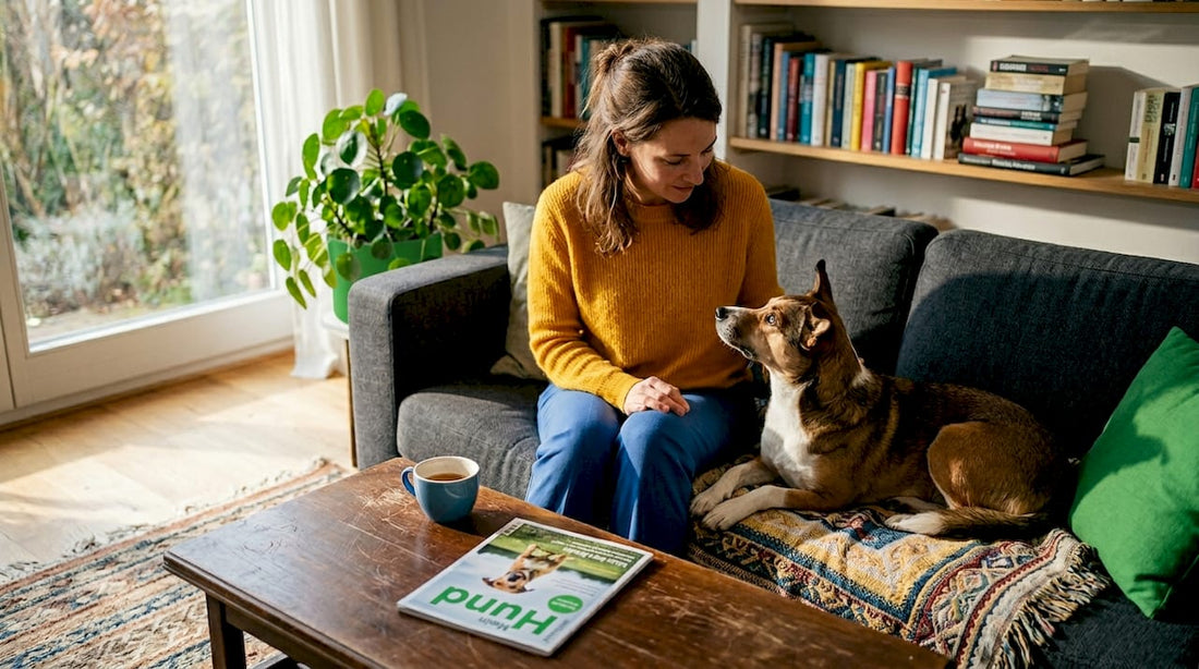 Eine Frau sitzt gemütlich mit ihrem Hund auf dem Sofa im Wohnzimmer.
