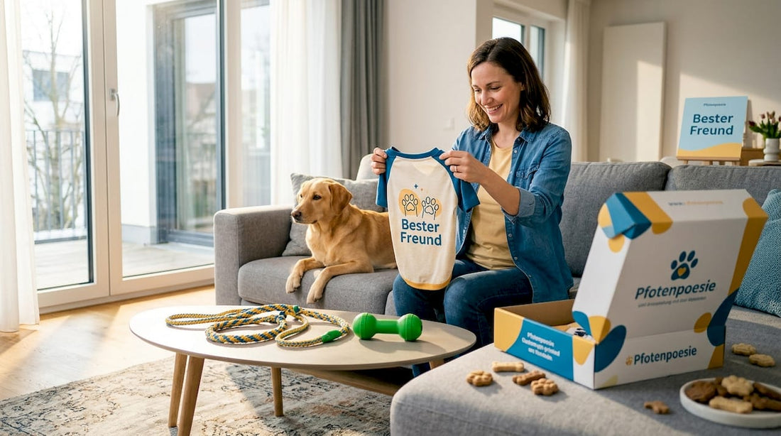 Zu Hause freut sich eine Frau über ein ganz persönliches Geschenk für ihren Hund.