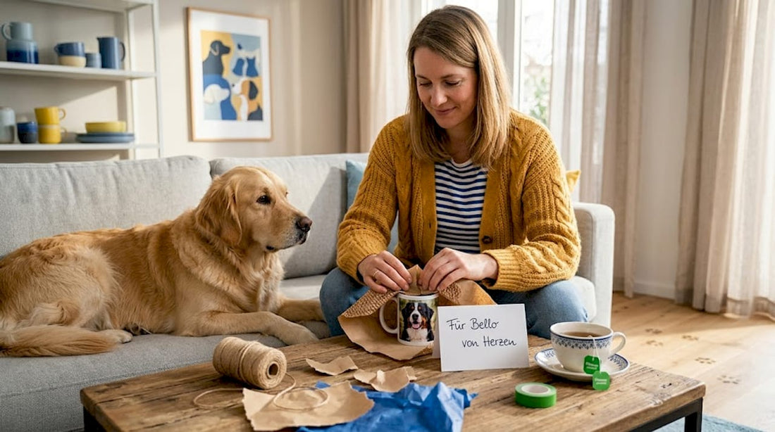 Eine Frau sitzt gemütlich auf dem Sofa und verpackt eine personalisierte Tasse mit Hundemotiv als Geschenk.