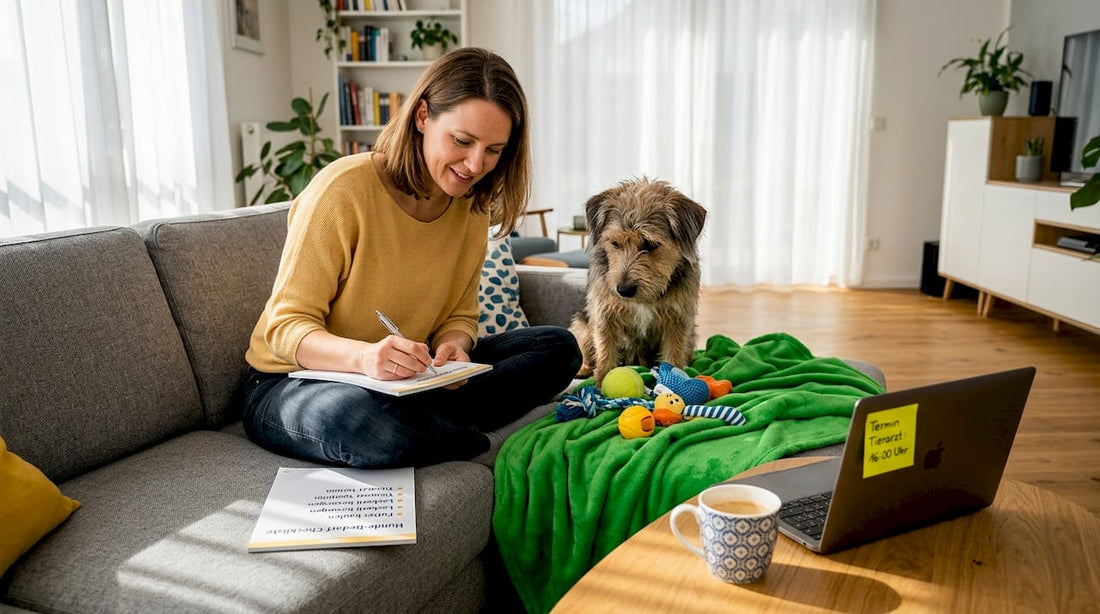 Eine Frau sitzt mit ihrem Hund im Wohnzimmer und schreibt eine Geschenkeliste.