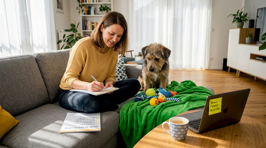 Eine Frau sitzt mit ihrem Hund im Wohnzimmer und schreibt eine Geschenkeliste.
