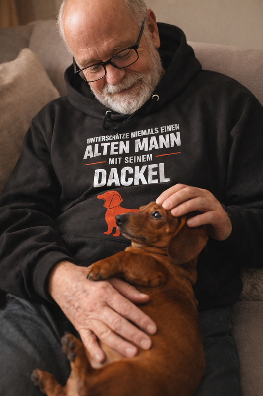 Premium Pfotenpoesie Hoodie Unterschätze niemals einen Alten Mann mit seinem Dackel