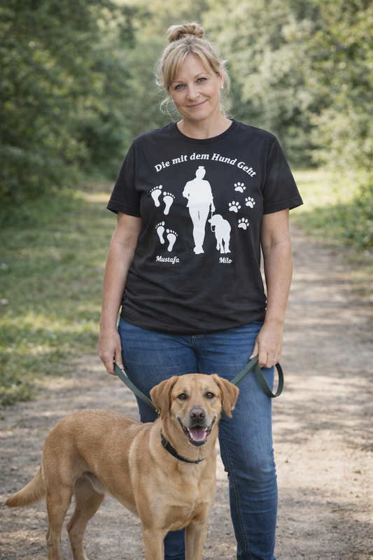 Die mit dem Hund geht Personalisierbares Premium Unisex Shirt Pfotenpoesie