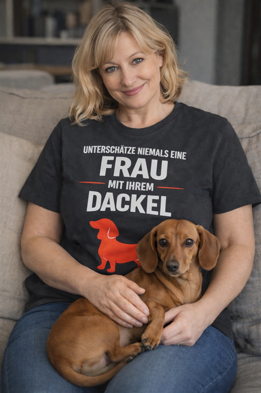 Unterschätze niemals eine Frau mit ihrem Dackel Premium Unisex Shirt Pfotenpoesie