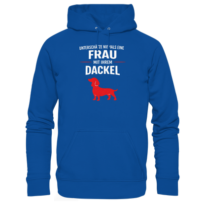 Unterschätze niemals eine Frau mit ihrem Dackel Premium Unisex Hoodie