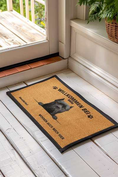 Willkommen bei … – hier wohnt der Hund Personalisierbares Premium Fußmatte