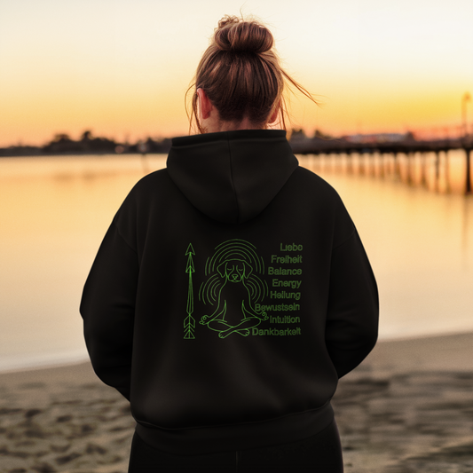 Premium Pfotenpoesie Unisex Hoodie meditierender Hund